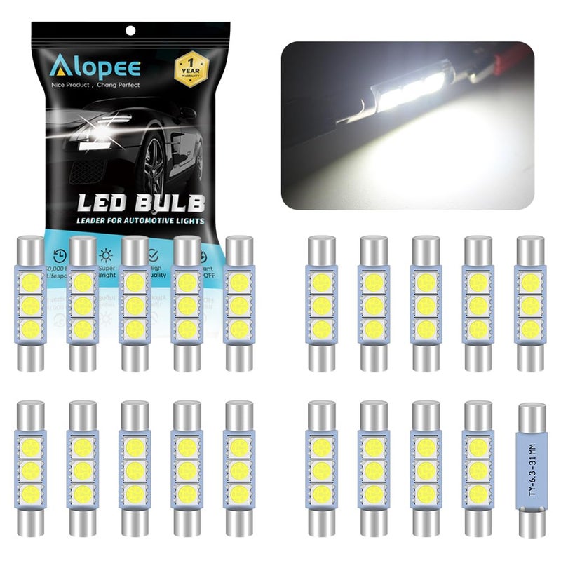 Alopee 20-Pack 6614 6614F LED Bulb 30mm(1.18") 31mm(1.22") 50 Lums White 3SMD 5050 Chips, 6612F LED Bulbs for Cars Interior Sun Visor Vanity Mirror Lights, License Plate Light - Image 1